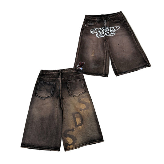 SDS Graffiti Bleached Rhinestone Long Leg Faded Jorts